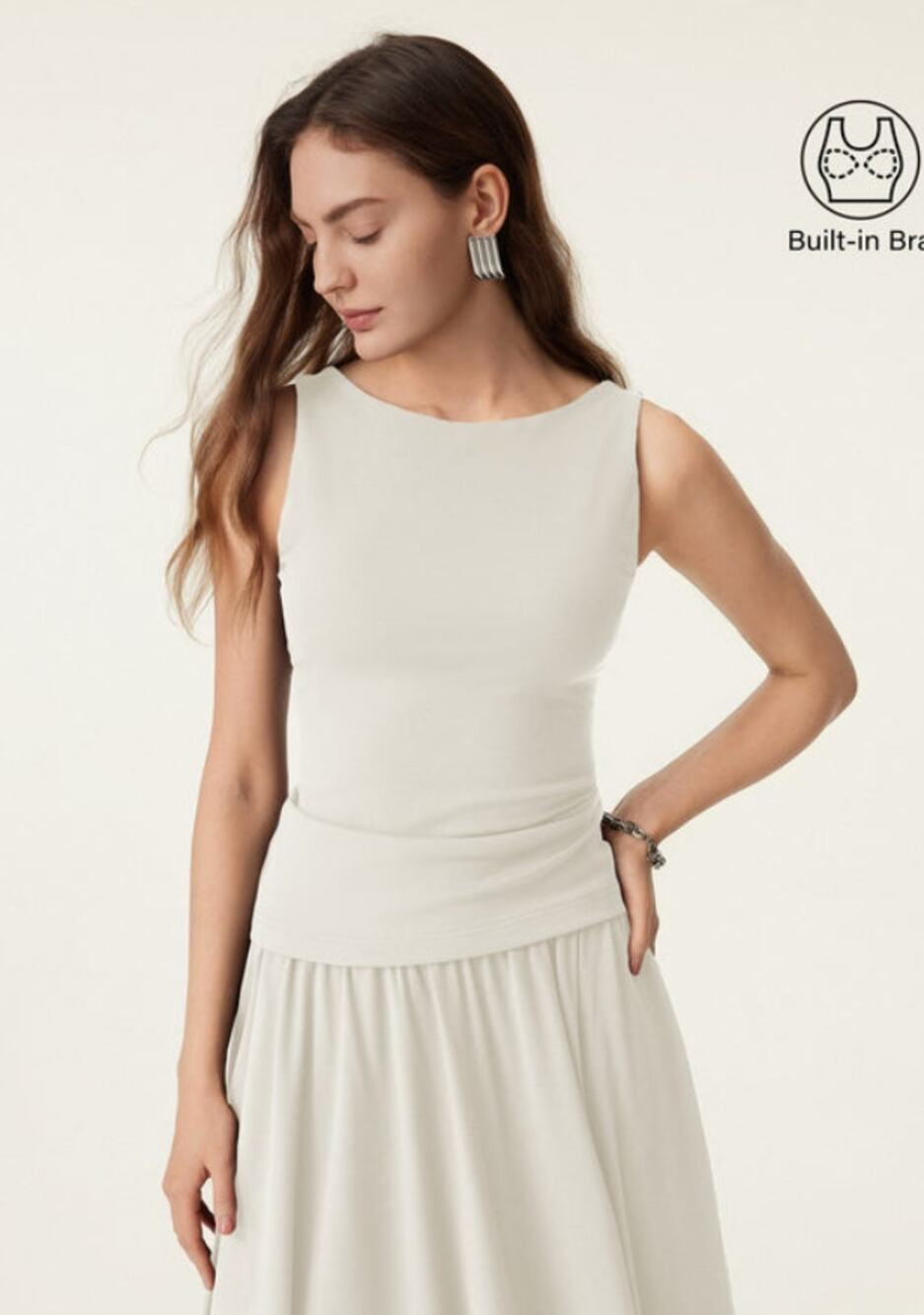 NWT OGL Boatneck Bra Tank Top Light Cotton Rib Stretch Cotton Milk Cream Size S